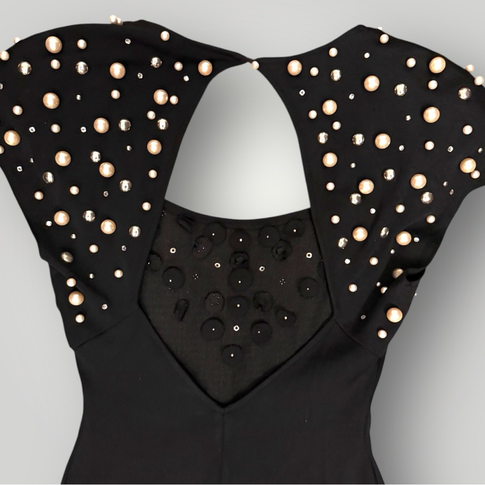 Vintage 1980s Eletra Casadei Pearl & Rhinestone Mini Black Dress - Size Medium - Picture 5 of 10